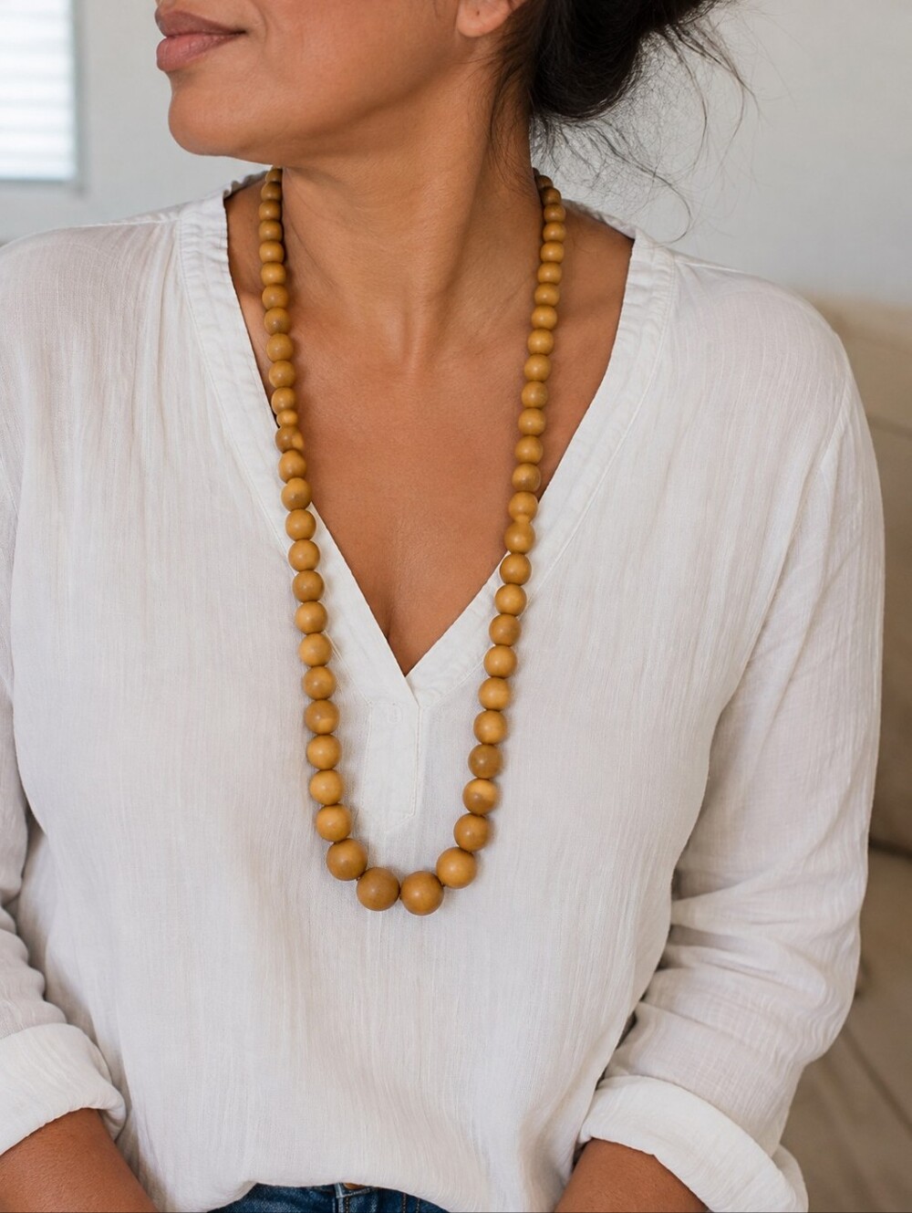 Vintage yellow wood bead strand necklace